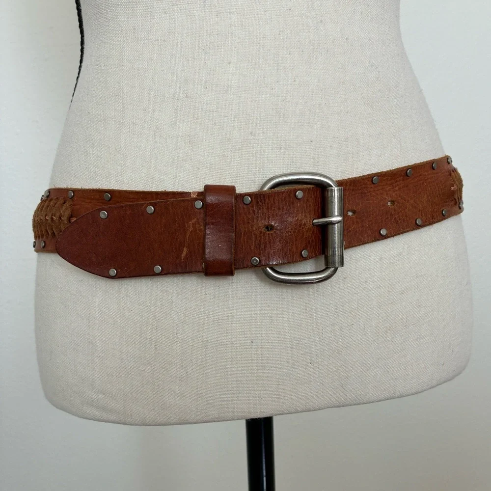 Buckle Braided Leather Studded Brown Belt